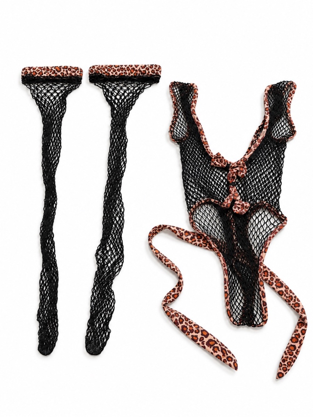 Black Fishnet Teddy with Leopard Trim